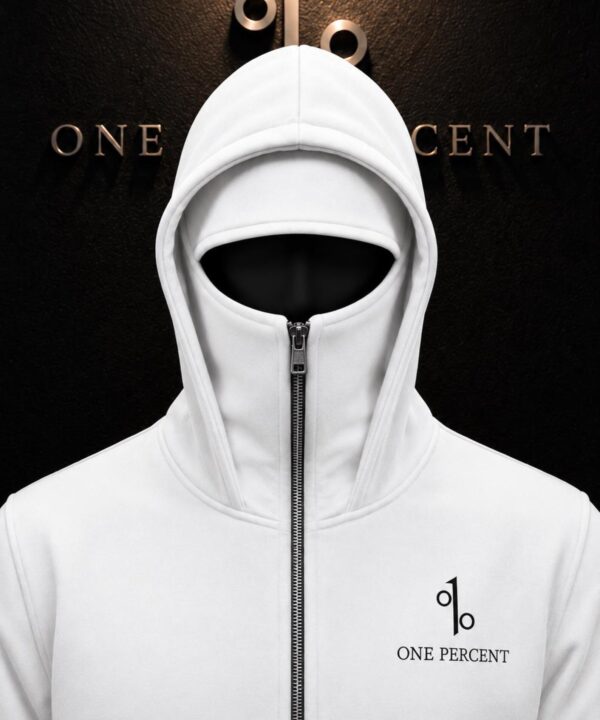 Handmade White Zip Hoodie, One Percent Hoodie, Minimalist Streetwear Hoodie